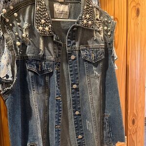 Distressed Studded Denim Vest - Blue-Maroon 5 hand made